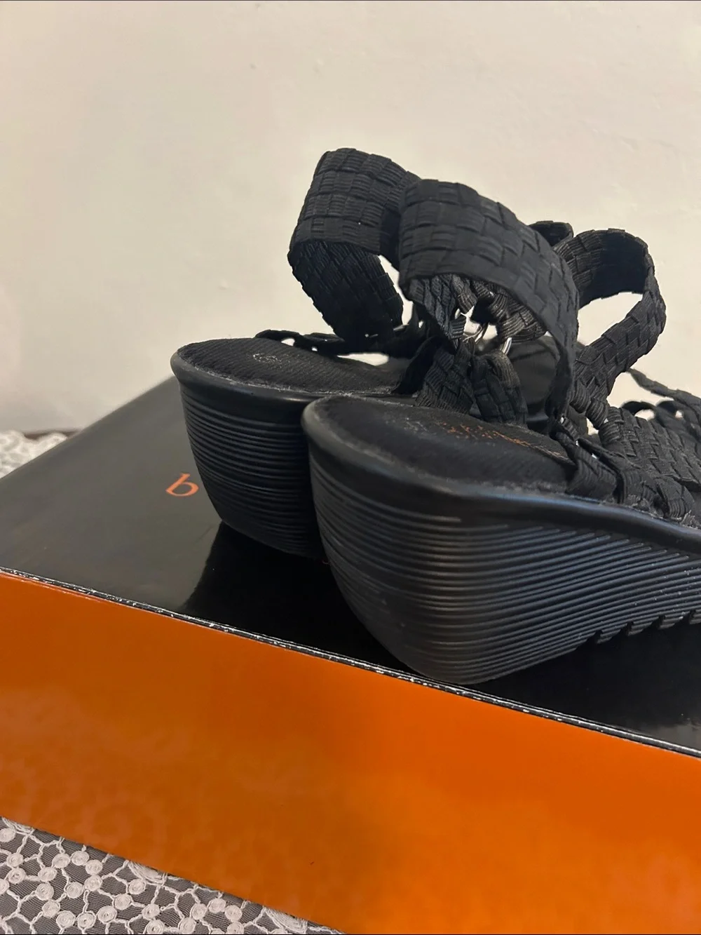 Bernie Mev. Crystal Black Woven Platform Sandals Size 37 with Box